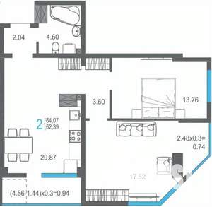 2-к квартира, строящийся дом, 64м2, 14/17 этаж
