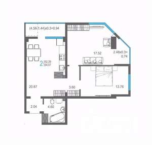 2-к квартира, вторичка, 64м2, 13/17 этаж