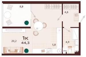 1-к квартира, вторичка, 44м2, 9/9 этаж