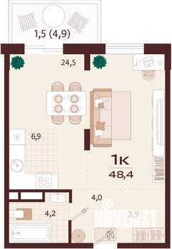 1-к квартира, строящийся дом, 48м2, 6/8 этаж