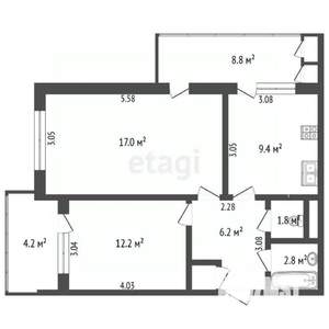 2-к квартира, вторичка, 56м2, 7/9 этаж