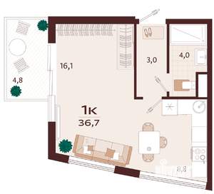 1-к квартира, вторичка, 37м2, 8/9 этаж