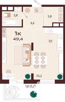 1-к квартира, строящийся дом, 49м2, 7/8 этаж