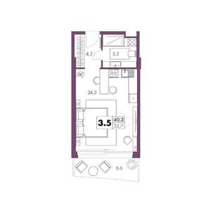 1-к квартира, строящийся дом, 40м2, 3/6 этаж