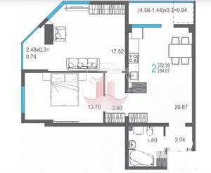 2-к квартира, вторичка, 64м2, 13/16 этаж