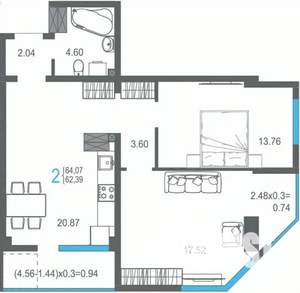 2-к квартира, строящийся дом, 64м2, 12/17 этаж