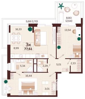 3-к квартира, строящийся дом, 78м2, 4/6 этаж