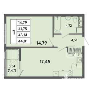 1-к квартира, вторичка, 43м2, 3/20 этаж