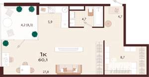 1-к квартира, вторичка, 60м2, 7/9 этаж