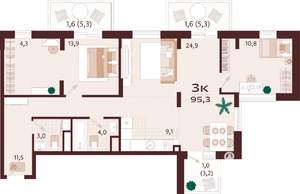 3-к квартира, строящийся дом, 95м2, 3/8 этаж