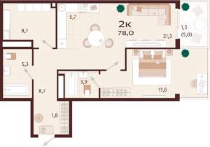 2-к квартира, строящийся дом, 78м2, 2/7 этаж