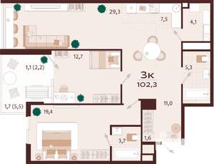 3-к квартира, строящийся дом, 102м2, 4/7 этаж