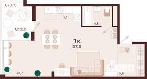 1-к квартира, строящийся дом, 58м2, 7/7 этаж