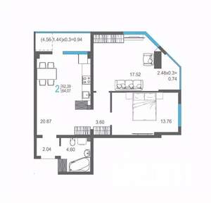 2-к квартира, вторичка, 64м2, 12/17 этаж