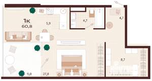 1-к квартира, вторичка, 61м2, 8/9 этаж