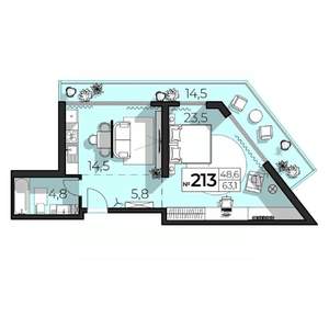 2-к квартира, строящийся дом, 63м2, 2/6 этаж