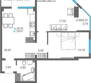 2-к квартира, сданный дом, 64м2, 15/15 этаж
