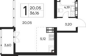 1-к квартира, вторичка, 36м2, 16/19 этаж