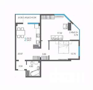 2-к квартира, вторичка, 64м2, 12/17 этаж