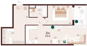 2-к квартира, вторичка, 67м2, 9/9 этаж