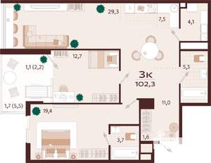 3-к квартира, строящийся дом, 102м2, 2/7 этаж