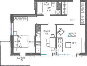 2-к квартира, вторичка, 63м2, 12/16 этаж