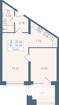 2-к квартира, строящийся дом, 56м2, 4/8 этаж