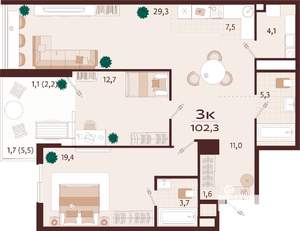 3-к квартира, строящийся дом, 102м2, 2/7 этаж