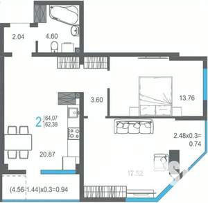 2-к квартира, вторичка, 64м2, 12/17 этаж