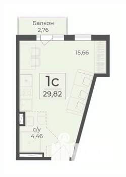 1-к квартира, строящийся дом, 30м2, 2/15 этаж