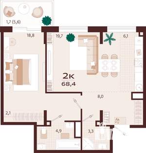 2-к квартира, строящийся дом, 65м2, 2/9 этаж