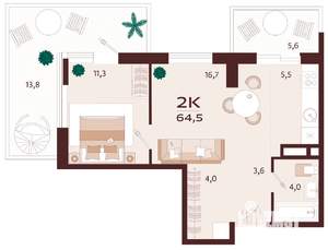2-к квартира, вторичка, 65м2, 7/9 этаж