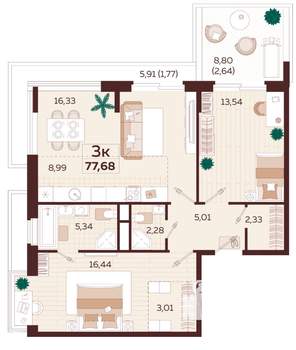 3-к квартира, строящийся дом, 78м2, 2/6 этаж