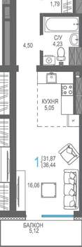 Студия квартира, вторичка, 36м2, 15/16 этаж