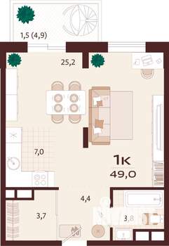 1-к квартира, строящийся дом, 49м2, 6/8 этаж
