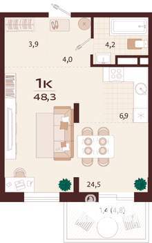 1-к квартира, вторичка, 48м2, 8/9 этаж