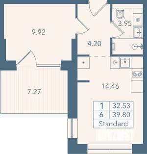 1-к квартира, строящийся дом, 40м2, 2/8 этаж