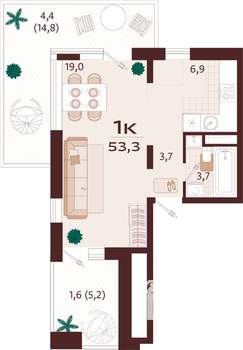 1-к квартира, строящийся дом, 53м2, 5/8 этаж