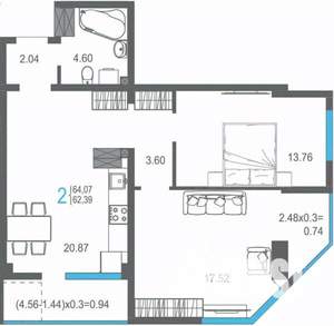 2-к квартира, строящийся дом, 64м2, 13/17 этаж