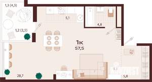 1-к квартира, строящийся дом, 58м2, 7/7 этаж