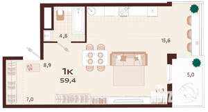 1-к квартира, вторичка, 59м2, 8/9 этаж