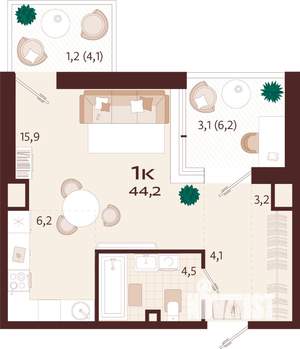 1-к квартира, строящийся дом, 44м2, 9/9 этаж