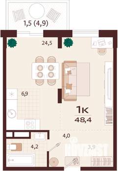 1-к квартира, строящийся дом, 48м2, 6/8 этаж