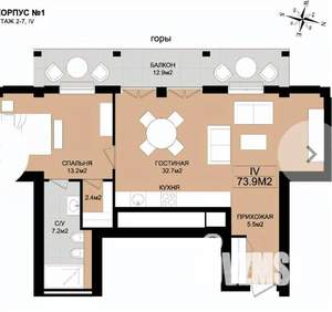 2-к квартира, вторичка, 74м2, 6/8 этаж