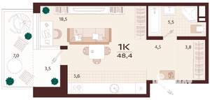 1-к квартира, вторичка, 49м2, 7/9 этаж