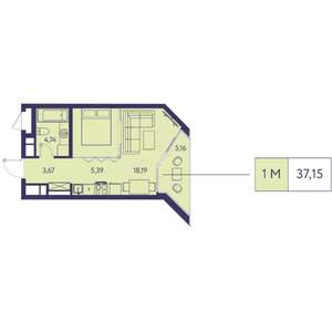 1-к квартира, строящийся дом, 37м2, 11/20 этаж