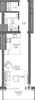 Студия квартира, вторичка, 36м2, 16/16 этаж