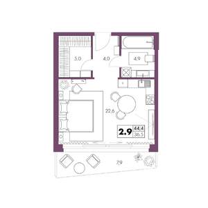 1-к квартира, строящийся дом, 44м2, 2/6 этаж