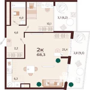 2-к квартира, строящийся дом, 68м2, 6/7 этаж