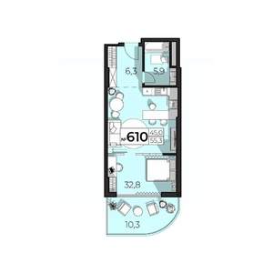 1-к квартира, строящийся дом, 55м2, 6/6 этаж